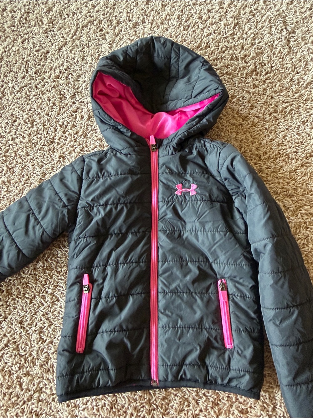 Under Armour Girls Black Quilted Puffer Jacket with Pink Accents